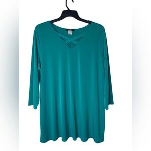 J Lee Turquoise Tunic Top Detalied 3/4 Length Sleeve Size 2X